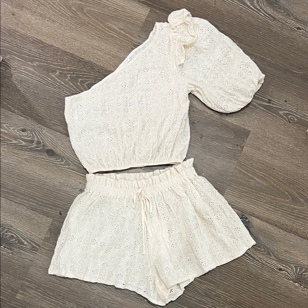 Zara Cream One-Shoulder Top and Drawstring Shorts Eyelet Set